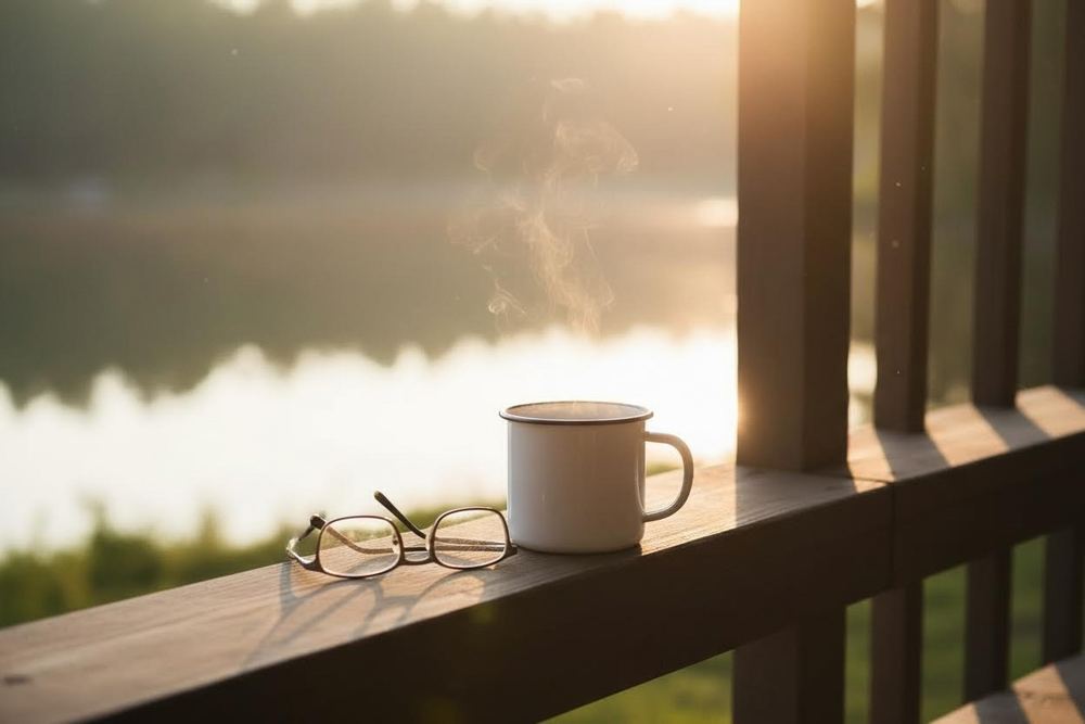 A coffee mug and reading glasses on a porch railing at golden hour