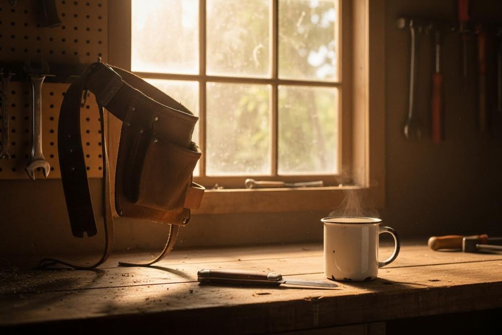 A tool belt, pocket knife and coffee mug on a wooden workbench