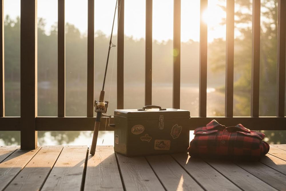 A fishing rod and tackle box beside a folded flannel jacket