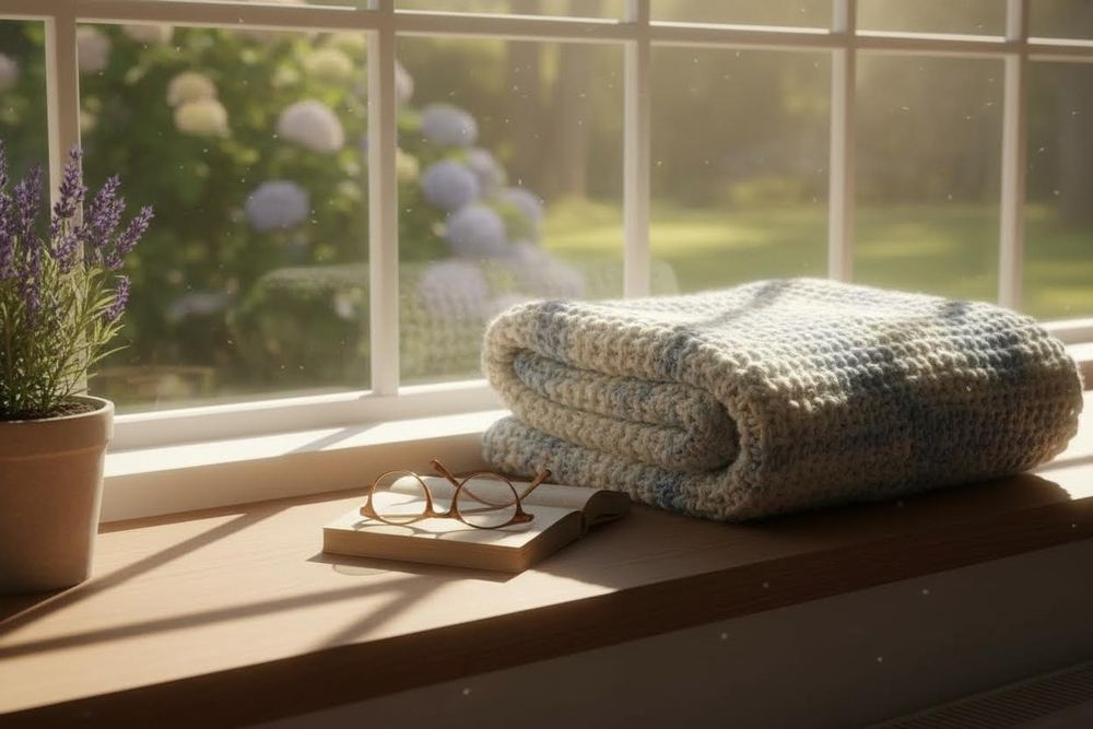 A pair of reading glasses on a windowsill in warm afternoon light