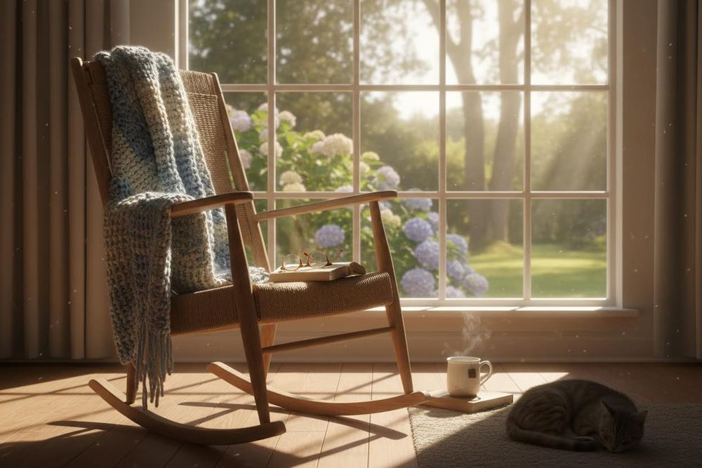 A rocking chair by a window with a blanket, ready for grandma or grandpa's stories