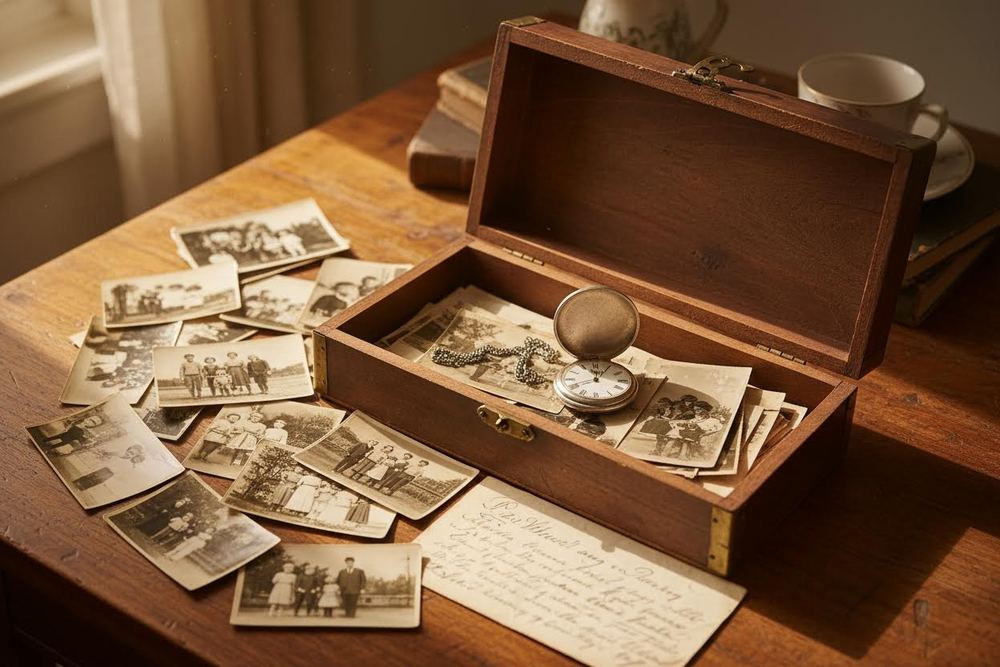 An open memory box of old photographs and a pocket watch