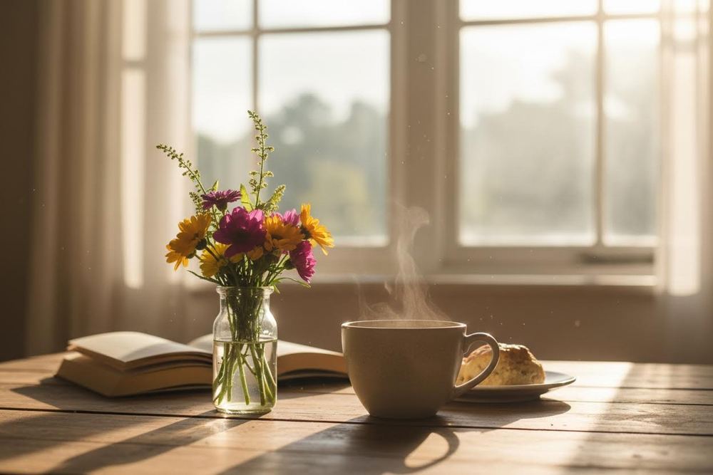 A cup of tea and fresh flowers on a sunlit breakfast table