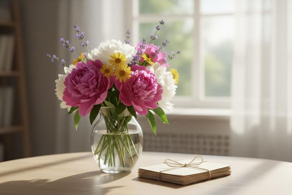 A vase of garden flowers beside a stack of handwritten letters