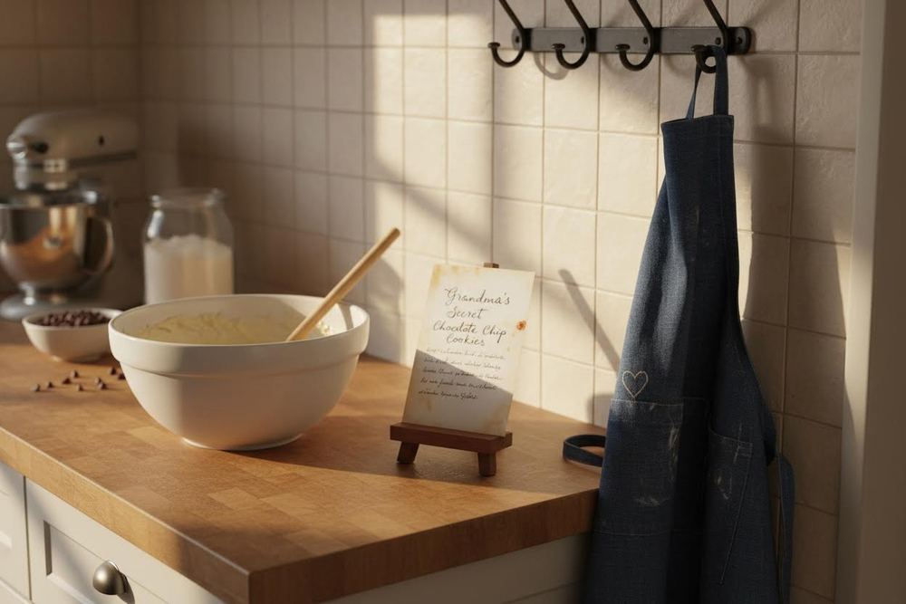An apron, mixing bowl and handwritten recipe card on a kitchen counter