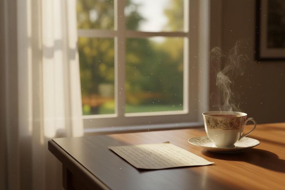 A handwritten letter and a cup of tea on a wooden table