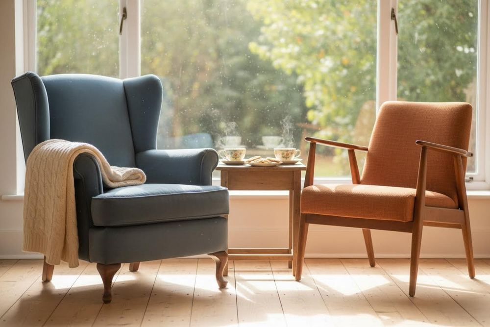 Two armchairs by a window, ready for a conversation with mum or dad