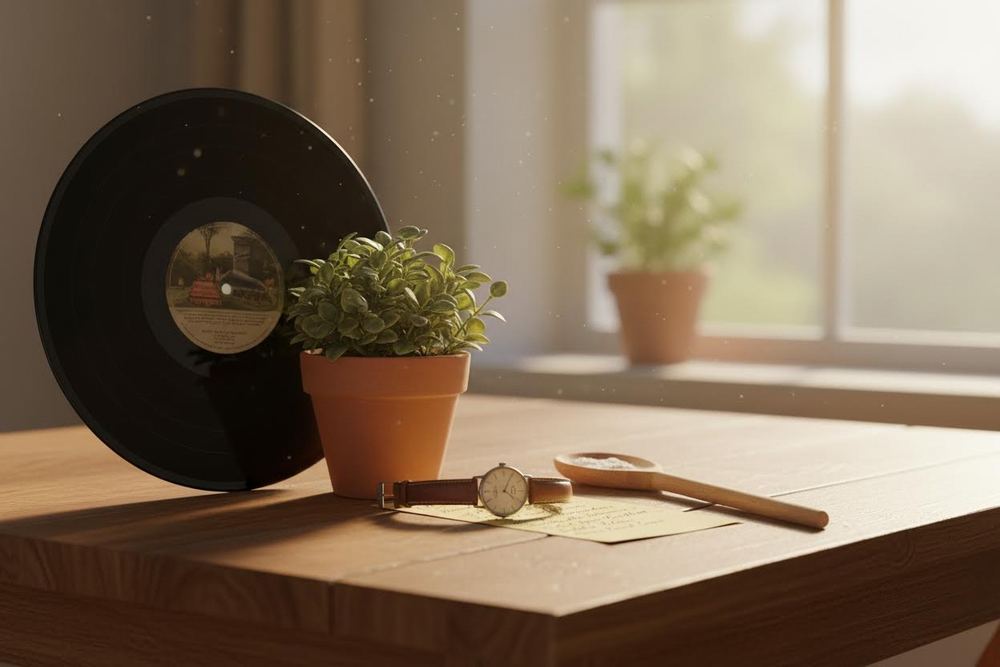 A record, watch, recipe card and plant, symbolizing sentimental keepsakes